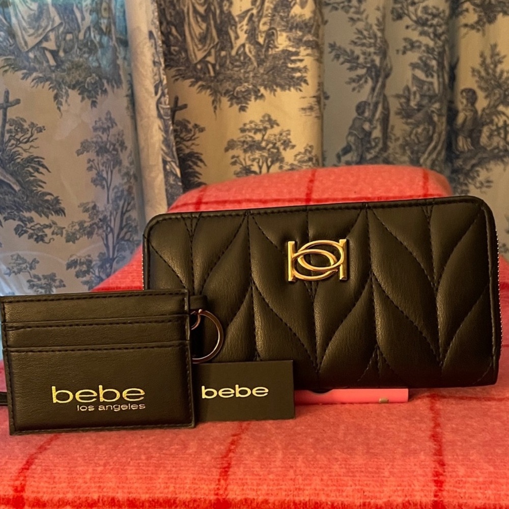 Bebe Black Quilted Wallet and Card Holder with Gold Detail